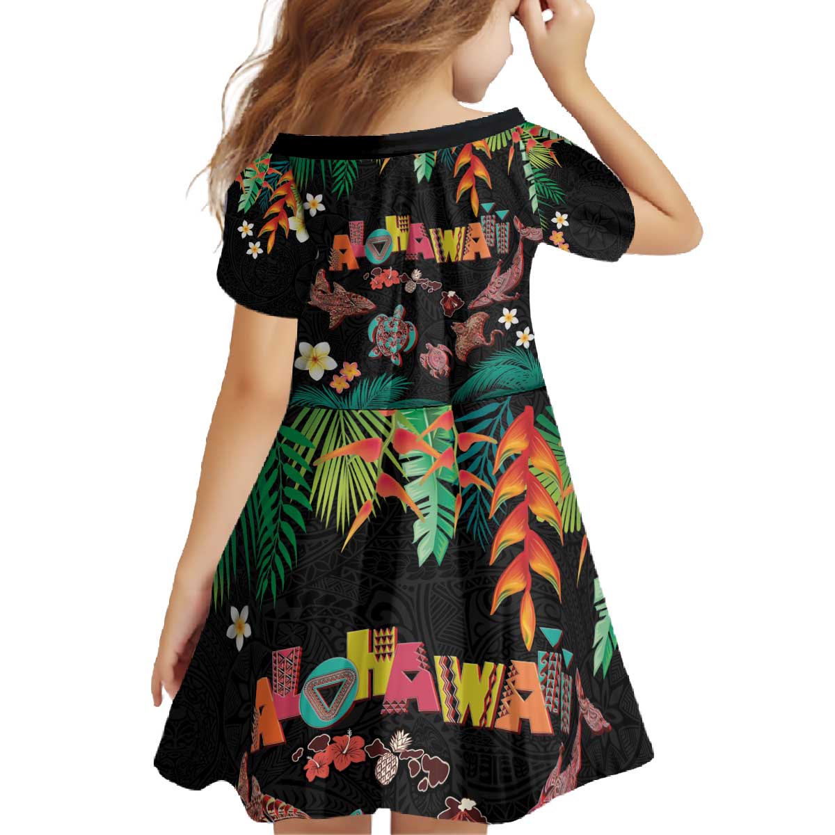 Hawaiian Alohawaii Family Matching Off The Shoulder Long Sleeve Dress and Hawaiian Shirt Tribal Sea Animals Tattoo and Tropical Plants - Polynesian Pride