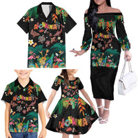 Hawaiian Alohawaii Family Matching Off The Shoulder Long Sleeve Dress and Hawaiian Shirt Tribal Sea Animals Tattoo and Tropical Plants - Polynesian Pride