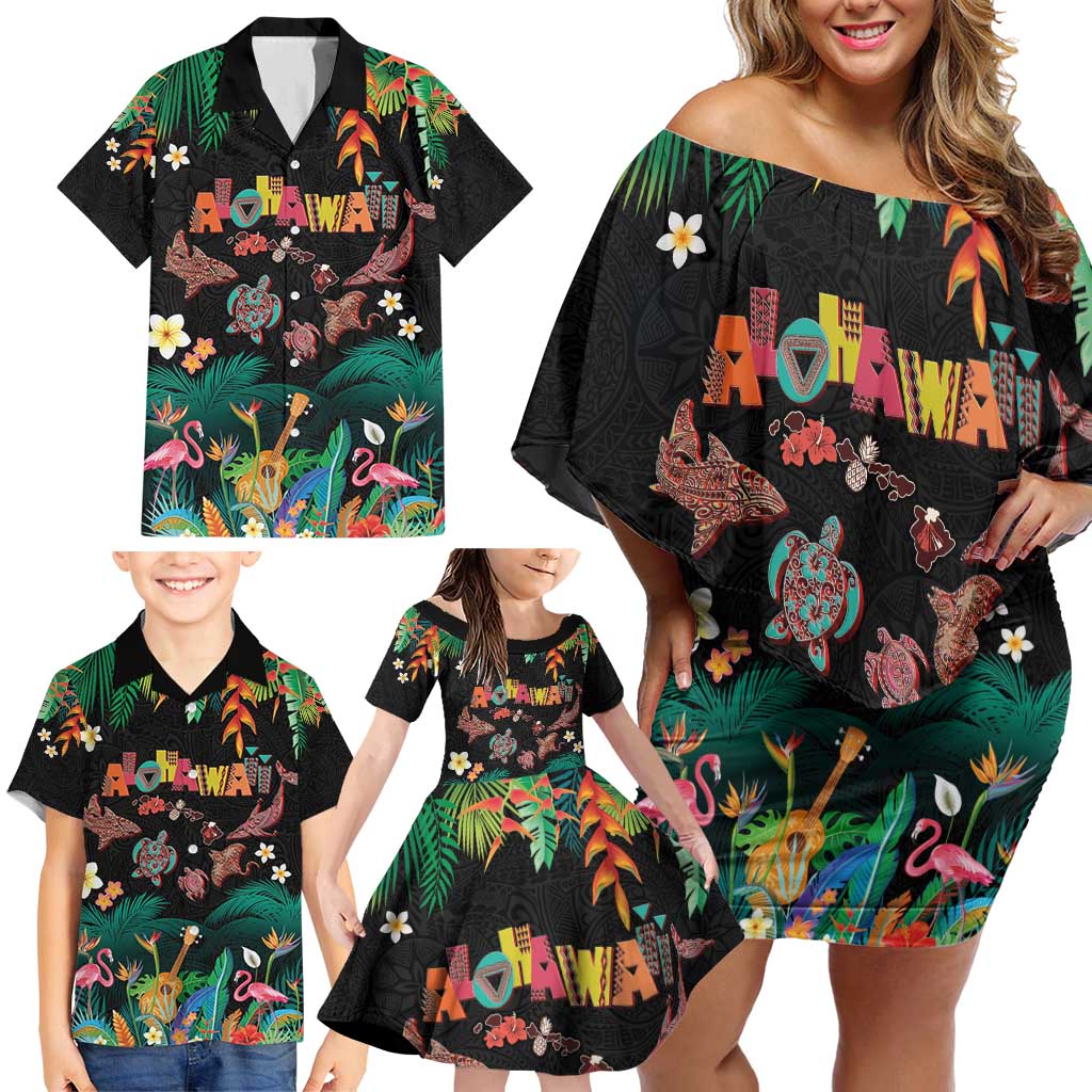 Hawaiian Alohawaii Family Matching Off Shoulder Short Dress and Hawaiian Shirt Tribal Sea Animals Tattoo and Tropical Plants - Polynesian Pride