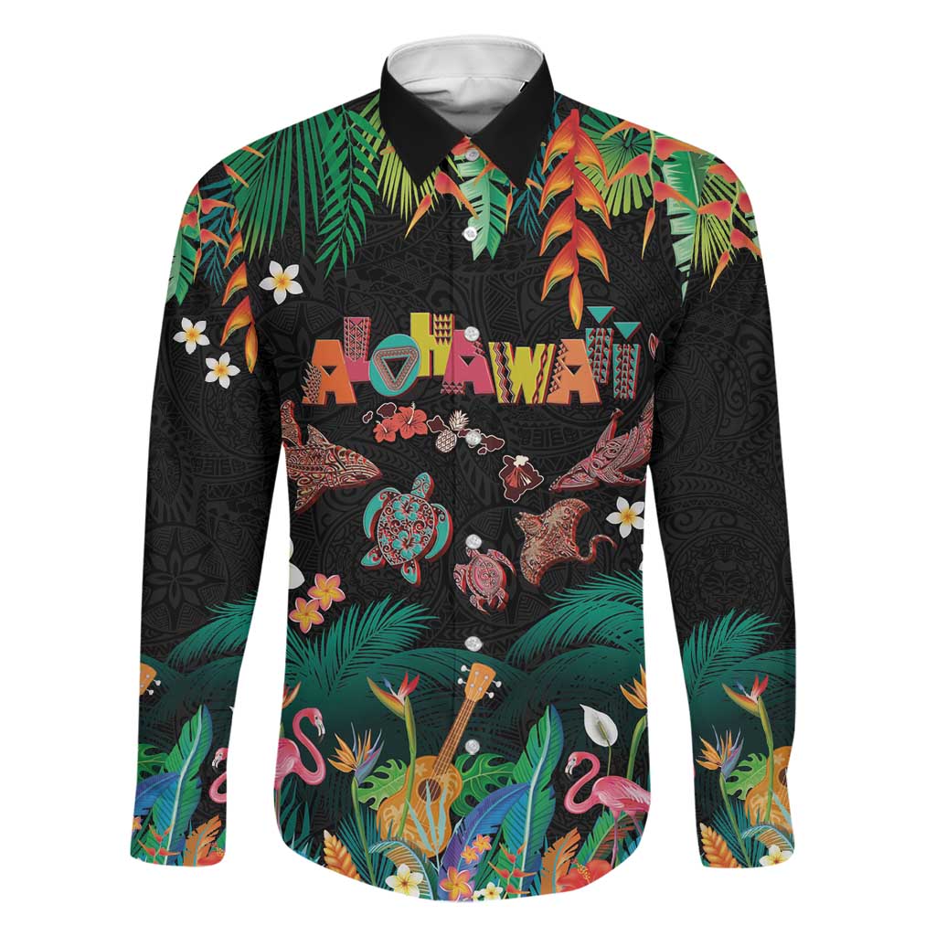 Hawaiian Alohawaii Family Matching Puletasi and Hawaiian Shirt Tribal Sea Animals Tattoo and Tropical Plants LT03 Dad's Shirt - Long Sleeve Black - Polynesian Pride
