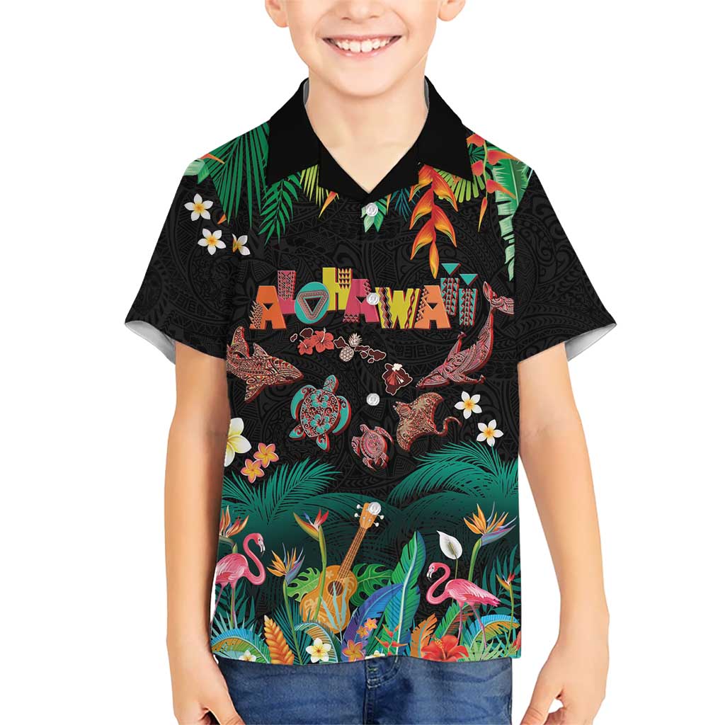 Hawaiian Alohawaii Family Matching Puletasi and Hawaiian Shirt Tribal Sea Animals Tattoo and Tropical Plants LT03 Son's Shirt Black - Polynesian Pride