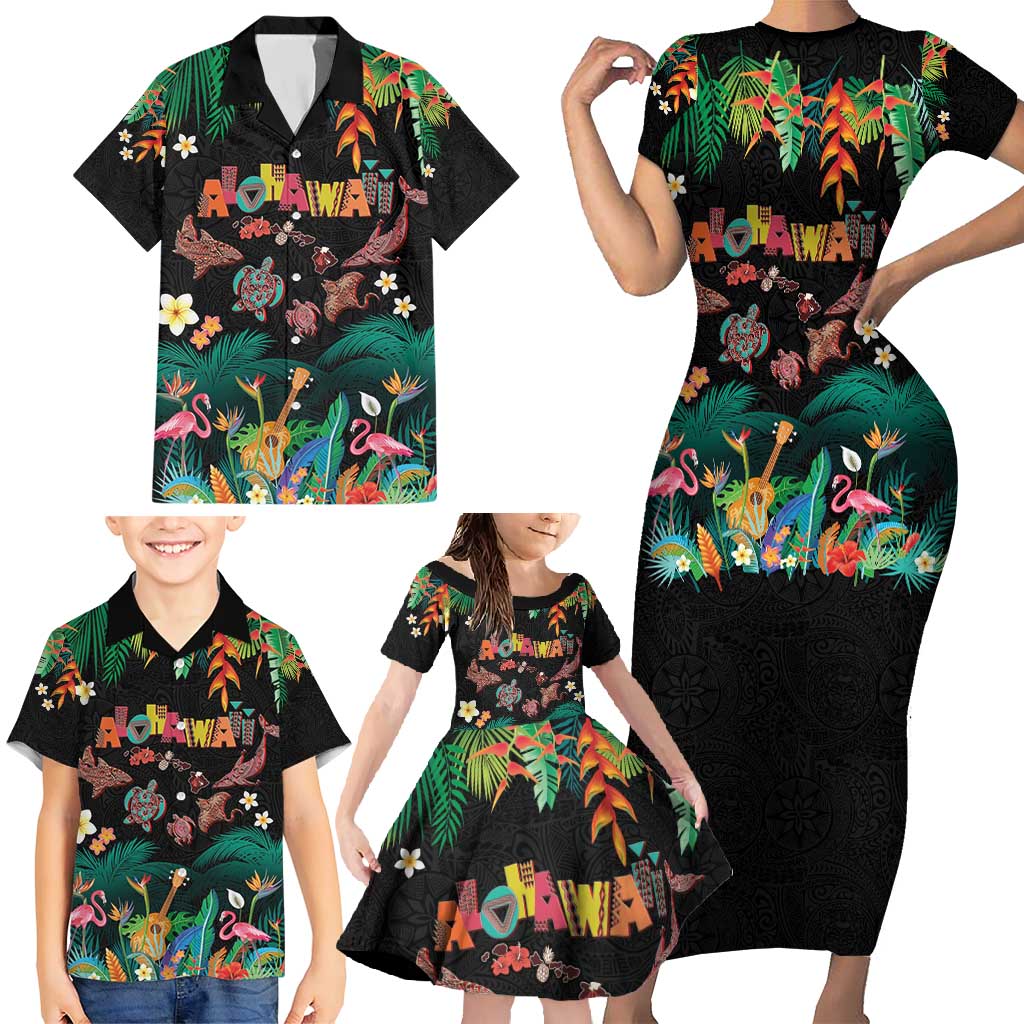Hawaiian Alohawaii Family Matching Short Sleeve Bodycon Dress and Hawaiian Shirt Tribal Sea Animals Tattoo and Tropical Plants - Polynesian Pride