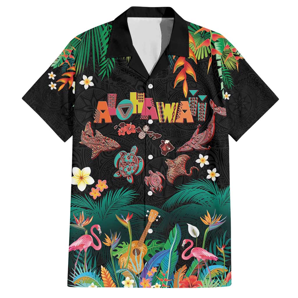 Hawaiian Alohawaii Family Matching Short Sleeve Bodycon Dress and Hawaiian Shirt Tribal Sea Animals Tattoo and Tropical Plants - Polynesian Pride