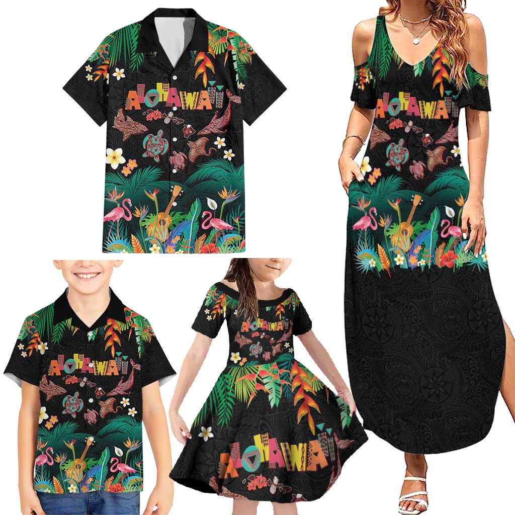 Hawaiian Alohawaii Family Matching Summer Maxi Dress and Hawaiian Shirt Tribal Sea Animals Tattoo and Tropical Plants - Polynesian Pride
