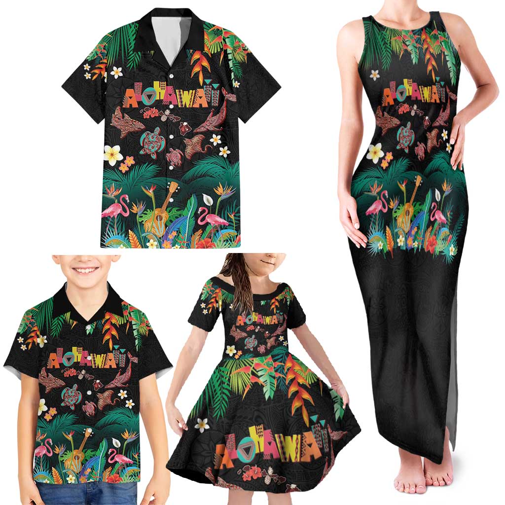 Hawaiian Alohawaii Family Matching Tank Maxi Dress and Hawaiian Shirt Tribal Sea Animals Tattoo and Tropical Plants - Polynesian Pride