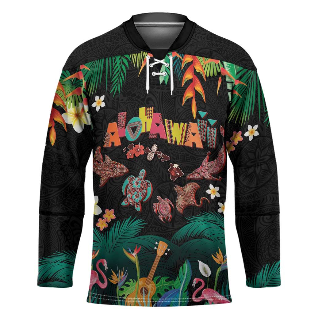 Hawaiian Alohawaii Hockey Jersey Tribal Sea Animals Tattoo and Tropical Plants - Polynesian Pride