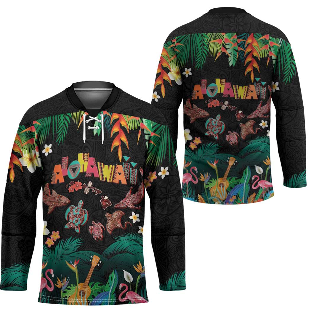 Hawaiian Alohawaii Hockey Jersey Tribal Sea Animals Tattoo and Tropical Plants - Polynesian Pride