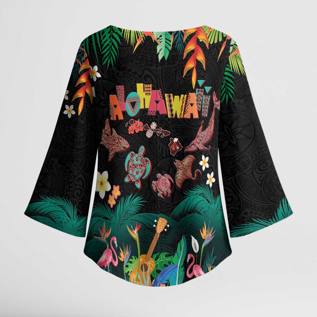 Hawaiian Alohawaii Kimono Sleeve Blouse Tribal Sea Animals Tattoo and Tropical Plants - Polynesian Pride