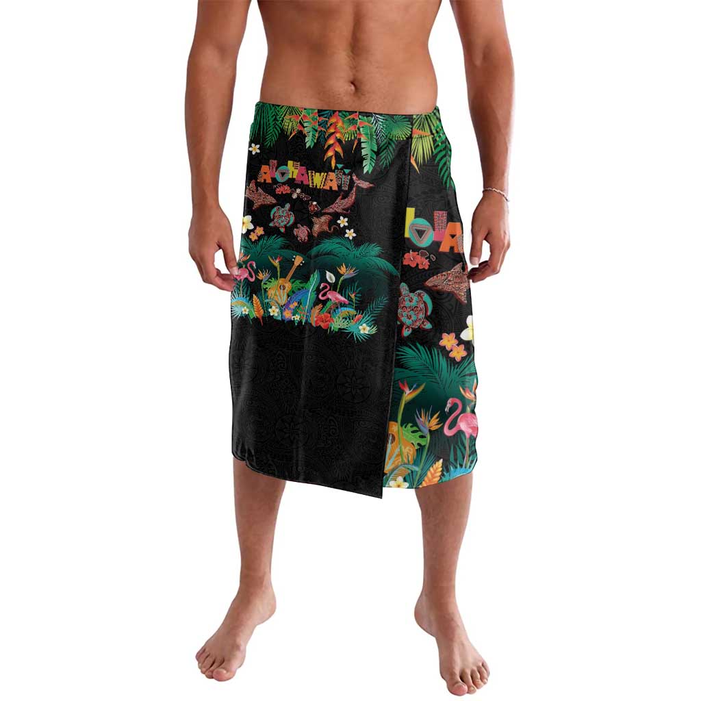 Hawaiian Alohawaii Lavalava Tribal Sea Animals Tattoo and Tropical Plants LT03 Black - Polynesian Pride