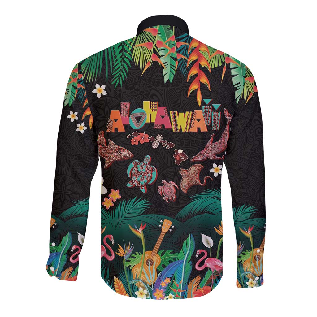 Hawaiian Alohawaii Long Sleeve Button Shirt Tribal Sea Animals Tattoo and Tropical Plants - Polynesian Pride