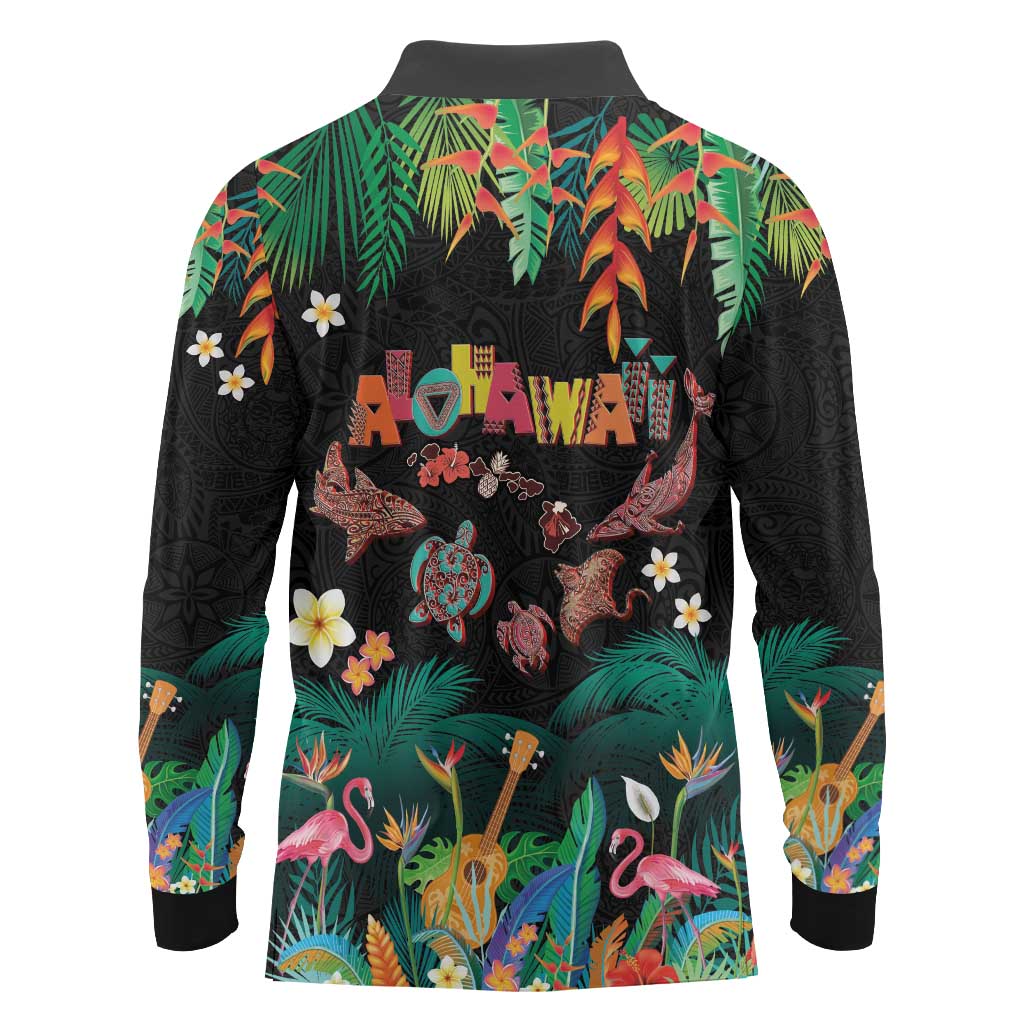 Hawaiian Alohawaii Long Sleeve Polo Shirt Tribal Sea Animals Tattoo and Tropical Plants - Polynesian Pride