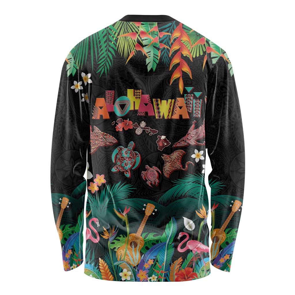 Hawaiian Alohawaii Long Sleeve Shirt Tribal Sea Animals Tattoo and Tropical Plants - Polynesian Pride