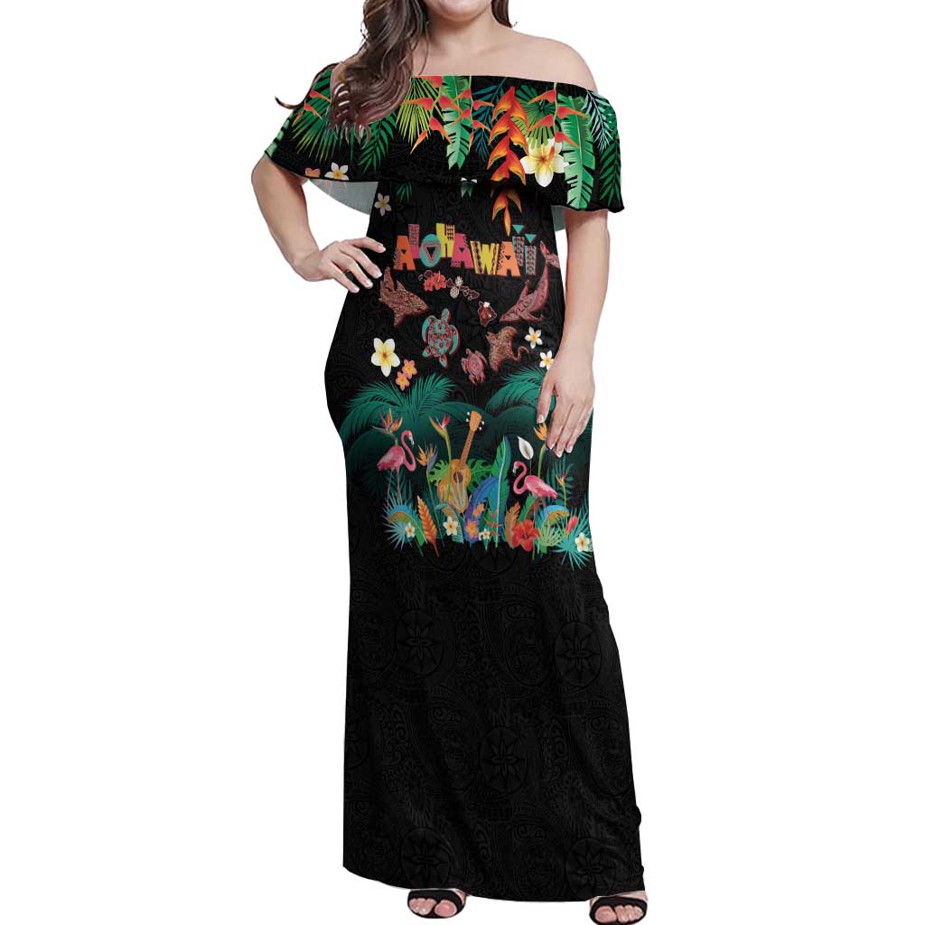 Hawaiian Alohawaii Off Shoulder Maxi Dress Tribal Sea Animals Tattoo and Tropical Plants - Polynesian Pride