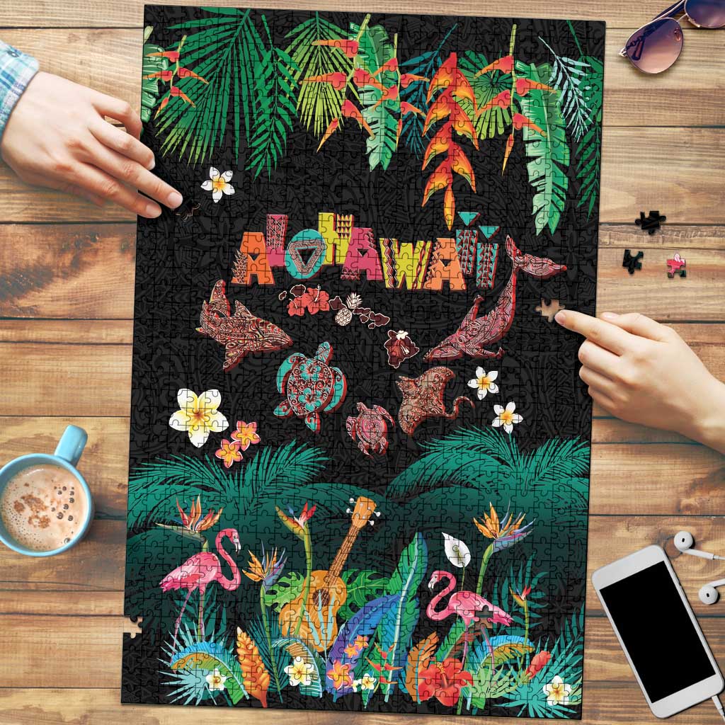 Hawaiian Alohawaii Puzzle Tribal Sea Animals Tattoo and Tropical Plants LT03 Black - Polynesian Pride