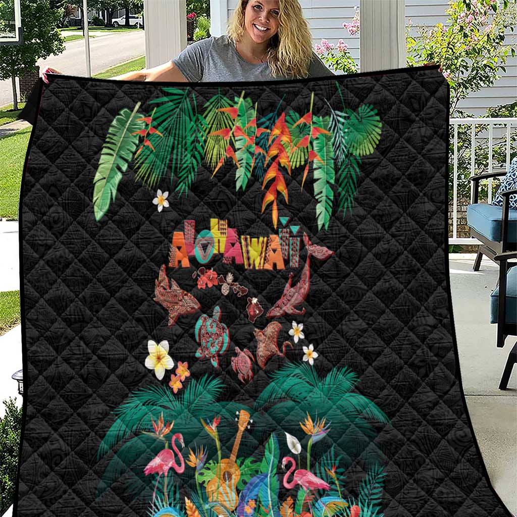 Hawaiian Alohawaii Quilt Tribal Sea Animals Tattoo and Tropical Plants LT03 Black - Polynesian Pride