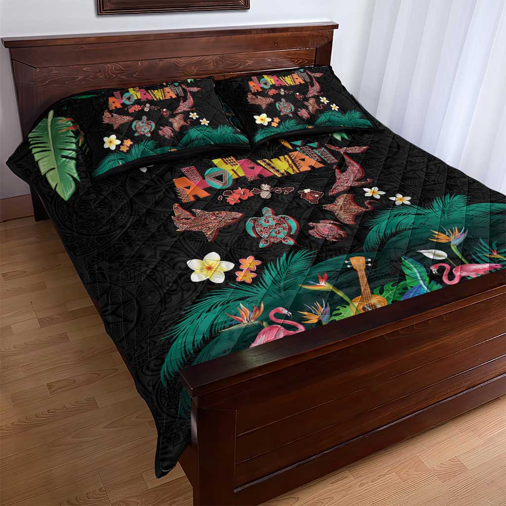 Hawaiian Alohawaii Quilt Bed Set Tribal Sea Animals Tattoo and Tropical Plants - Polynesian Pride