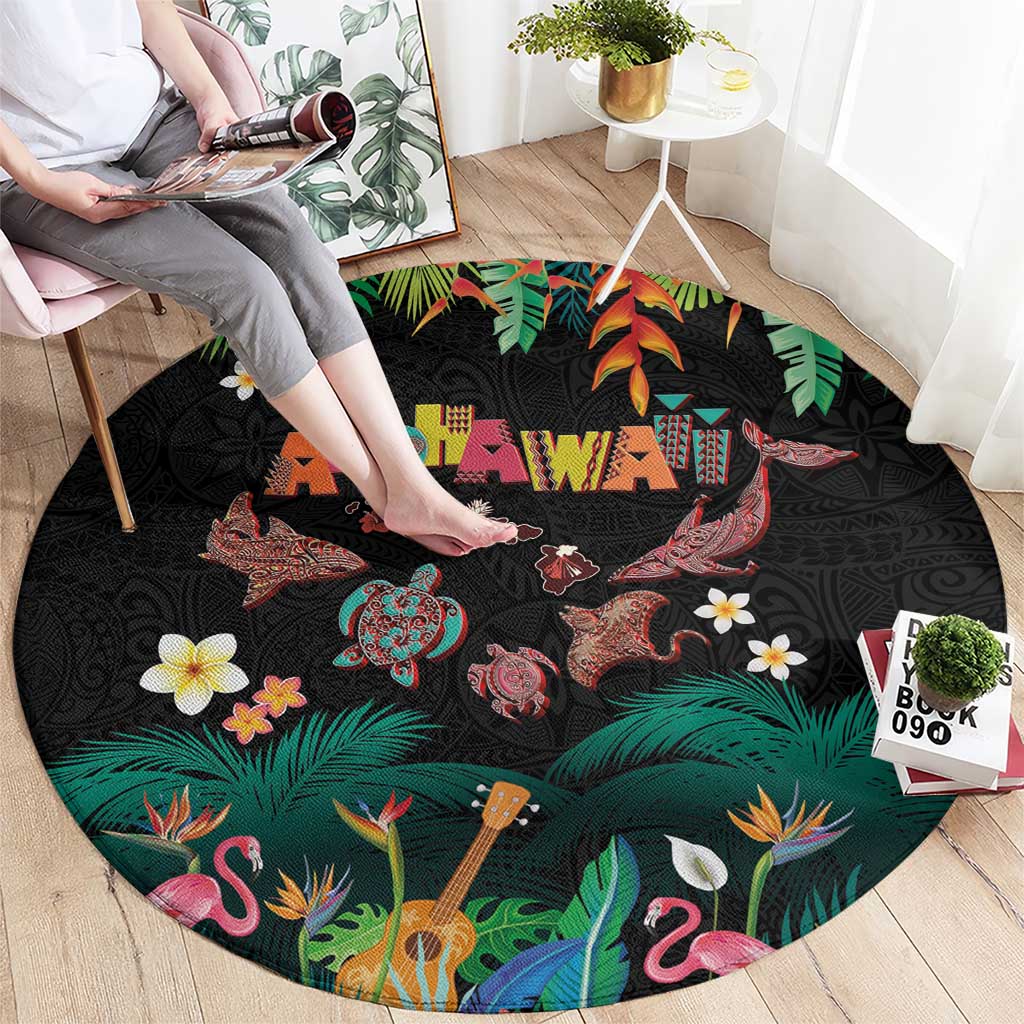 Hawaiian Alohawaii Round Carpet Tribal Sea Animals Tattoo and Tropical Plants - Polynesian Pride