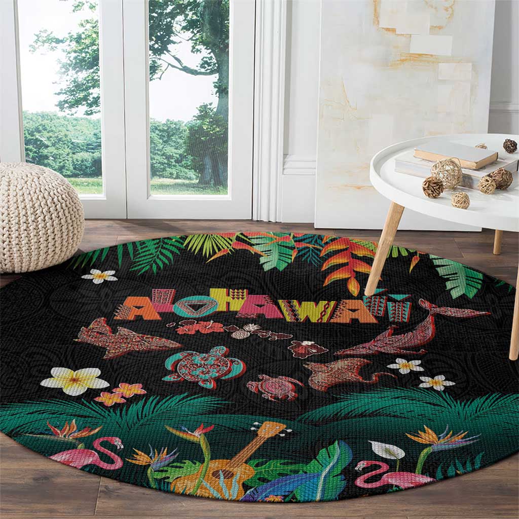 Hawaiian Alohawaii Round Carpet Tribal Sea Animals Tattoo and Tropical Plants - Polynesian Pride