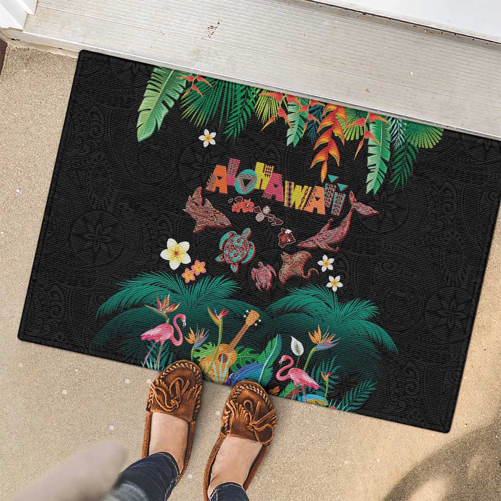 Hawaiian Alohawaii Rubber Doormat Tribal Sea Animals Tattoo and Tropical Plants - Polynesian Pride