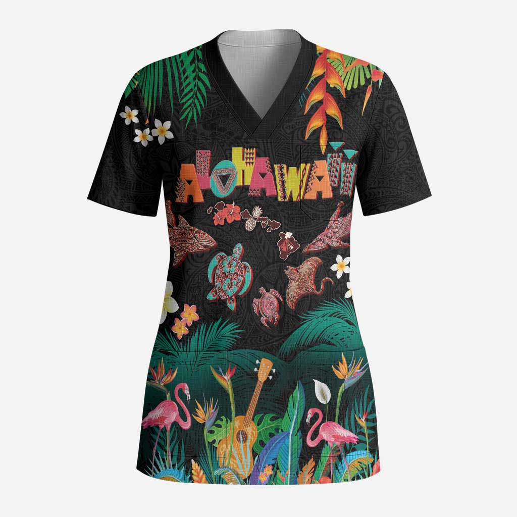 Hawaiian Alohawaii Scrub Top Tribal Sea Animals Tattoo and Tropical Plants LT03 Adult Black - Polynesian Pride