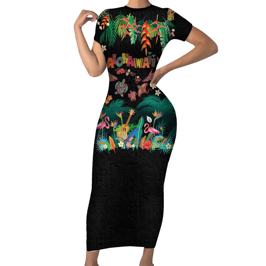 Hawaiian Alohawaii Short Sleeve Bodycon Dress Tribal Sea Animals Tattoo and Tropical Plants - Polynesian Pride