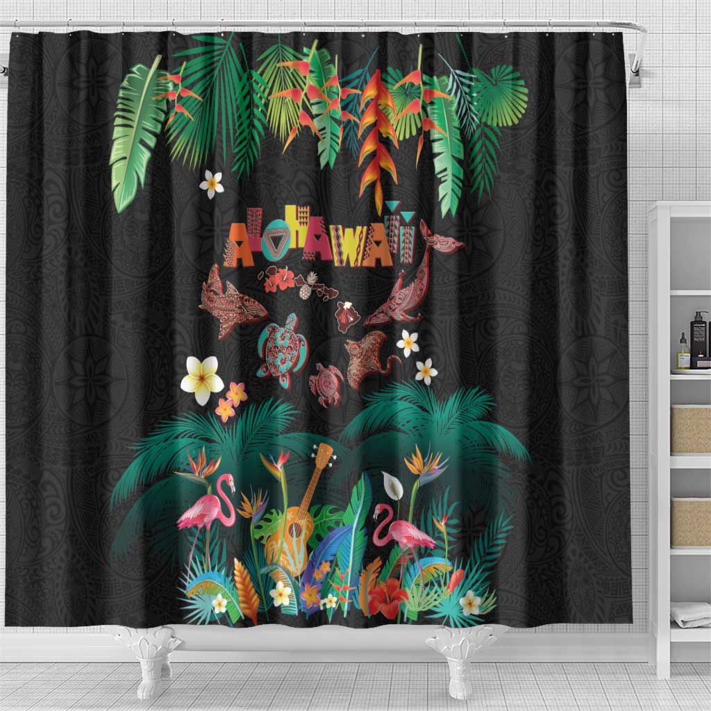 Hawaiian Alohawaii Shower Curtain Tribal Sea Animals Tattoo and Tropical Plants - Polynesian Pride
