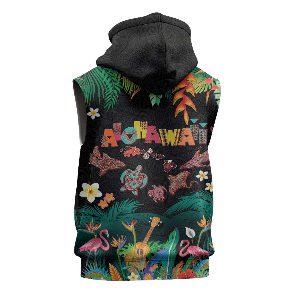 Hawaiian Alohawaii Sleeveless Hoodie Tribal Sea Animals Tattoo and Tropical Plants - Polynesian Pride