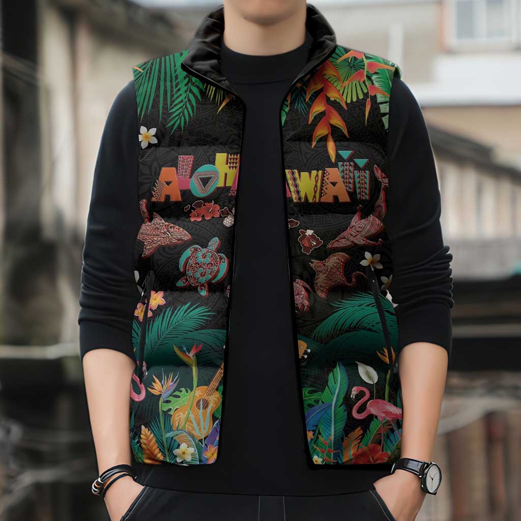 Hawaiian Alohawaii Sleeveless Puffer Jacket Tribal Sea Animals Tattoo and Tropical Plants - Polynesian Pride