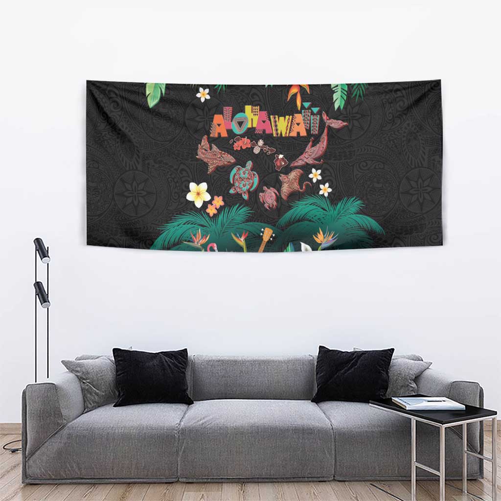 Hawaiian Alohawaii Tapestry Tribal Sea Animals Tattoo and Tropical Plants - Polynesian Pride