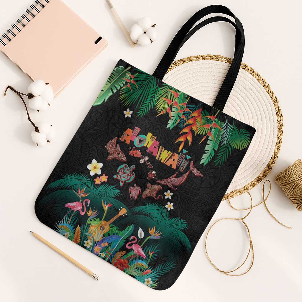 Hawaiian Alohawaii Tote Bag Tribal Sea Animals Tattoo and Tropical Plants LT03 Black Strap One Size Black - Polynesian Pride