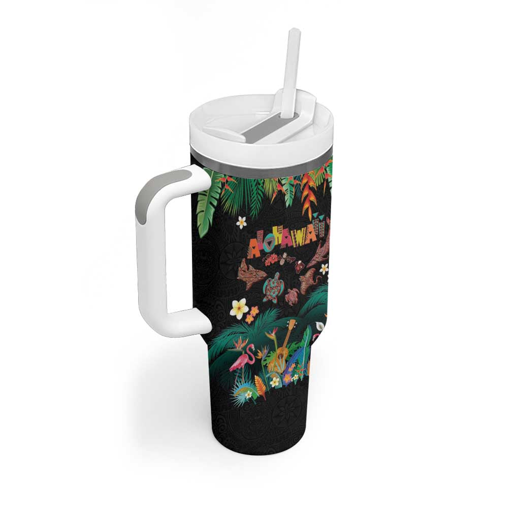 Hawaiian Alohawaii Tumbler With Handle Tribal Sea Animals Tattoo and Tropical Plants - Polynesian Pride