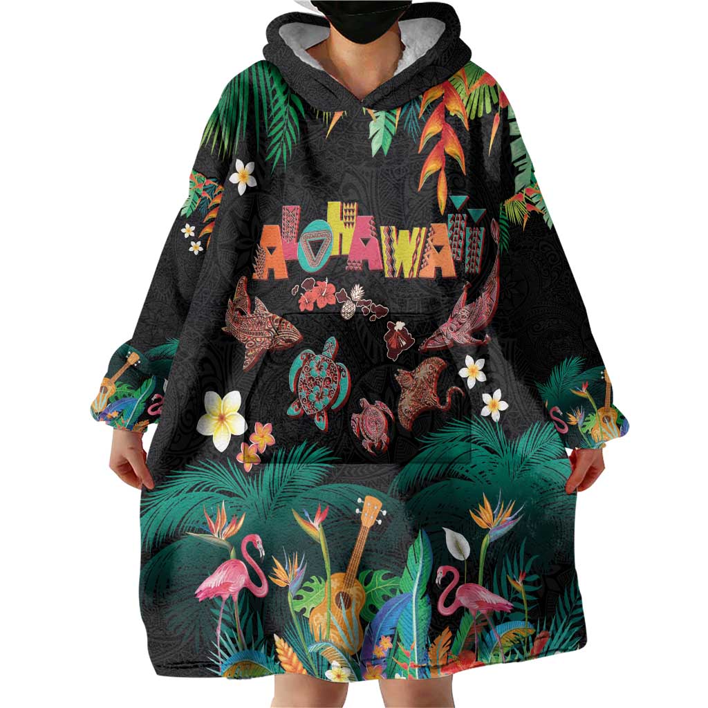 Hawaiian Alohawaii Wearable Blanket Hoodie Tribal Sea Animals Tattoo and Tropical Plants - Polynesian Pride