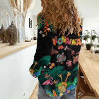 Hawaiian Alohawaii Women Casual Shirt Tribal Sea Animals Tattoo and Tropical Plants - Polynesian Pride