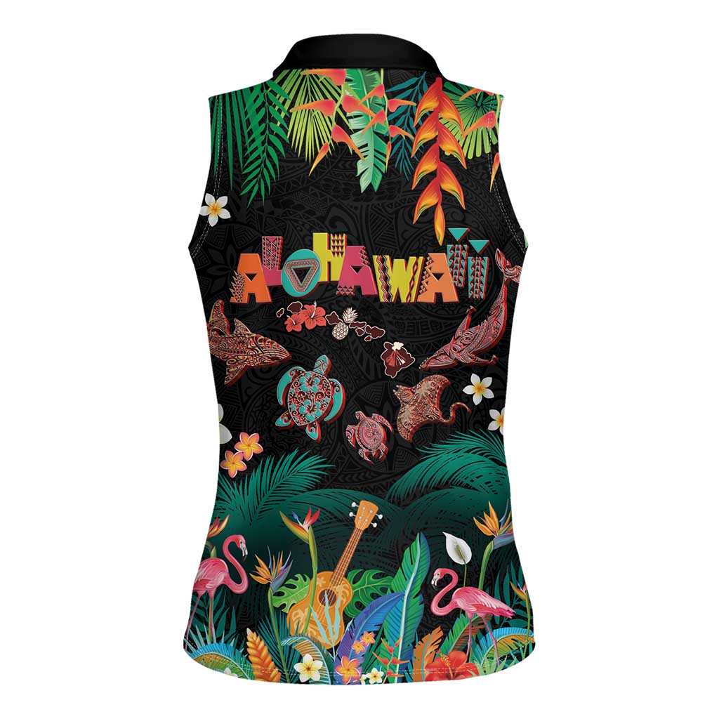 Hawaiian Alohawaii Women Sleeveless Polo Shirt Tribal Sea Animals Tattoo and Tropical Plants - Polynesian Pride