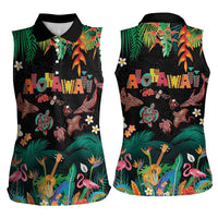 Hawaiian Alohawaii Women Sleeveless Polo Shirt Tribal Sea Animals Tattoo and Tropical Plants - Polynesian Pride
