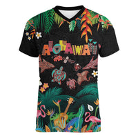 Hawaiian Alohawaii Women V-Neck T-Shirt Tribal Sea Animals Tattoo and Tropical Plants - Polynesian Pride