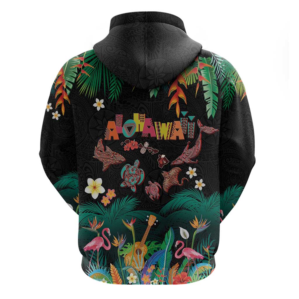 Hawaiian Alohawaii Zip Hoodie Tribal Sea Animals Tattoo and Tropical Plants - Polynesian Pride