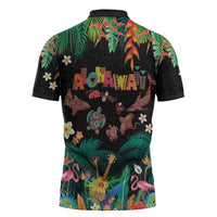 Hawaiian Alohawaii Zipper Polo Shirt Tribal Sea Animals Tattoo and Tropical Plants - Polynesian Pride