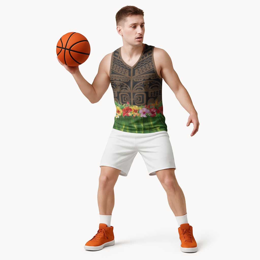 Hawaiian Hula Costume Basketball Jersey Tribal Tattoo and Tropical Plants Skirt - Polynesian Pride