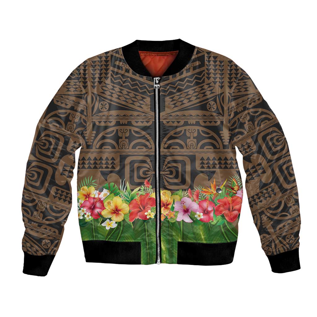Hawaiian Hula Costume Bomber Jacket Tribal Tattoo and Tropical Plants Skirt LT03 Unisex Brown - Polynesian Pride