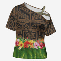 Hawaiian Hula Costume Cross Shoulder Shirt Tribal Tattoo and Tropical Plants Skirt - Polynesian Pride