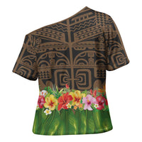Hawaiian Hula Costume Cross Shoulder Shirt Tribal Tattoo and Tropical Plants Skirt - Polynesian Pride
