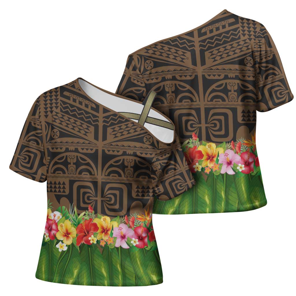 Hawaiian Hula Costume Cross Shoulder Shirt Tribal Tattoo and Tropical Plants Skirt - Polynesian Pride