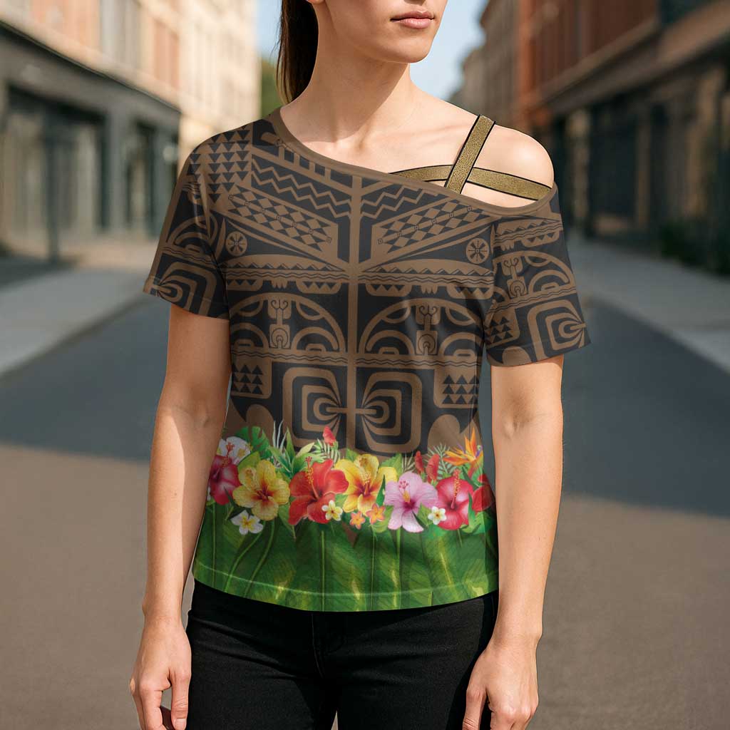 Hawaiian Hula Costume Cross Shoulder Shirt Tribal Tattoo and Tropical Plants Skirt - Polynesian Pride