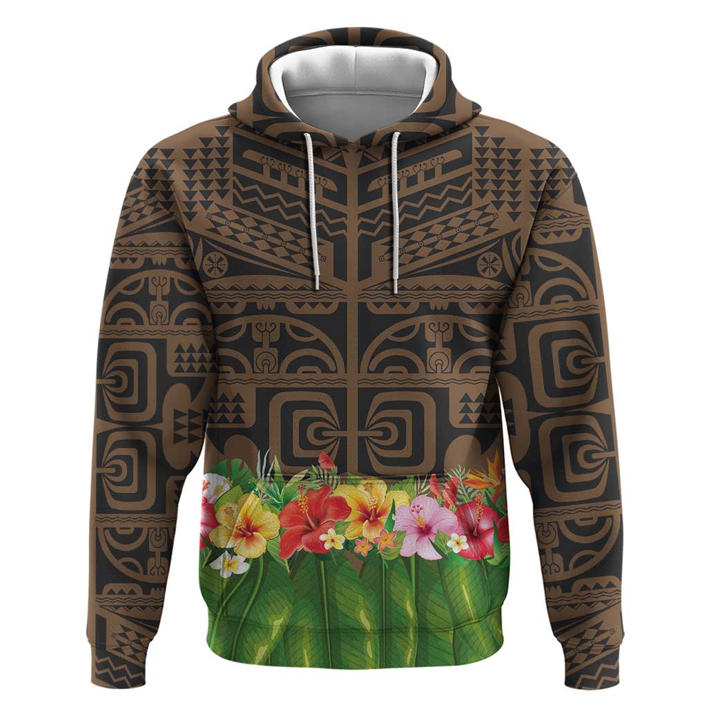 Hawaiian Hula Costume Hoodie Tribal Tattoo and Tropical Plants Skirt LT03 Pullover Hoodie Brown - Polynesian Pride