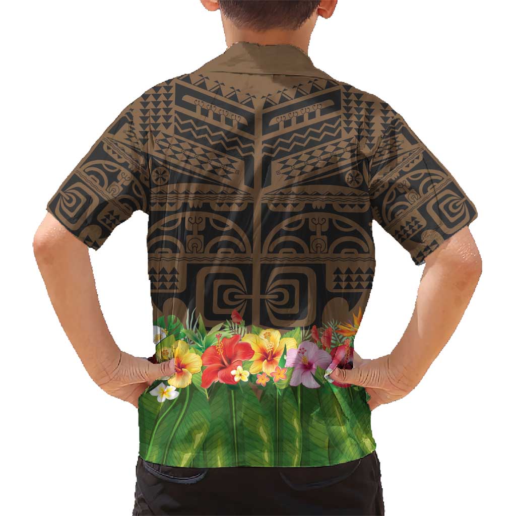 Hawaiian Hula Costume Kid Hawaiian Shirt Tribal Tattoo and Tropical Plants Skirt - Polynesian Pride