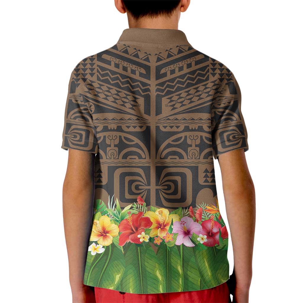 Hawaiian Hula Costume Kid Polo Shirt Tribal Tattoo and Tropical Plants Skirt - Polynesian Pride