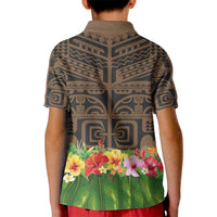 Hawaiian Hula Costume Kid Polo Shirt Tribal Tattoo and Tropical Plants Skirt - Polynesian Pride