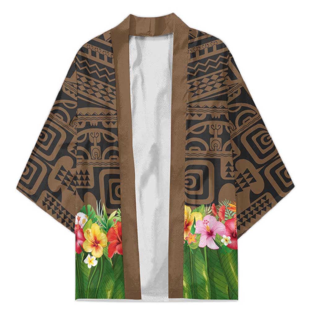 Hawaiian Hula Costume Kimono Tribal Tattoo and Tropical Plants Skirt LT03 Unisex Brown - Polynesian Pride