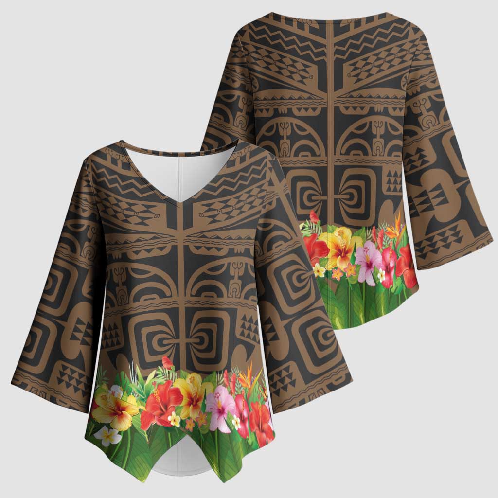 Hawaiian Hula Costume Kimono Sleeve Blouse Tribal Tattoo and Tropical Plants Skirt - Polynesian Pride